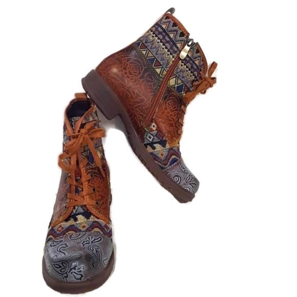 Socofy Shoes - Socofy Jacquard Splicing Pattern Lace up Boots 7